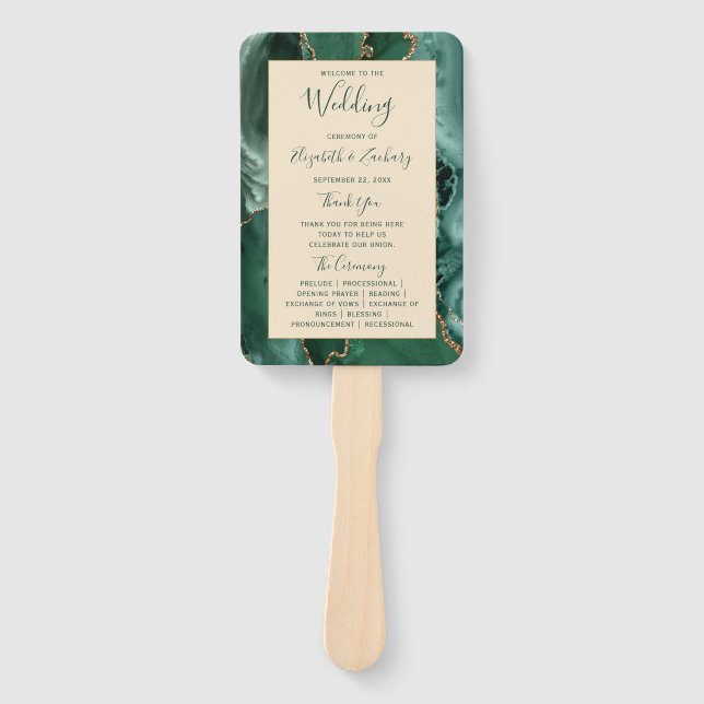 Emerald Green Gold Agate Champagne Wedding Program Hand Fan (Front)