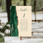 Emerald Green Gold Agate Champagne Wedding Table Number<br><div class="desc">The left-hand edge of this elegant modern wedding table number card features an emerald green watercolor agate border trimmed with faux gold glitter. The word "table" appears in green handwriting script on a champagne beige background. Add the names of your guests who are assigned to each table.</div>