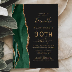 Emerald Green Gold Agate Dark 30th Birthday Party Invitation