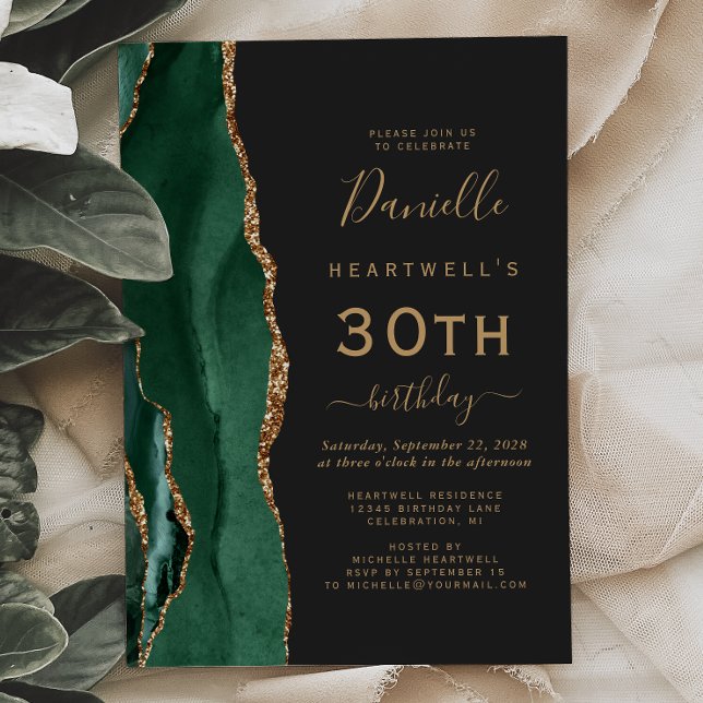 Emerald Green Gold Agate Dark 30th Birthday Party Invitation (Creator Uploaded)