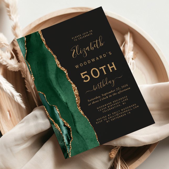 Emerald Green Gold Agate Dark 50th Birthday Party Invitation (Creator Uploaded)