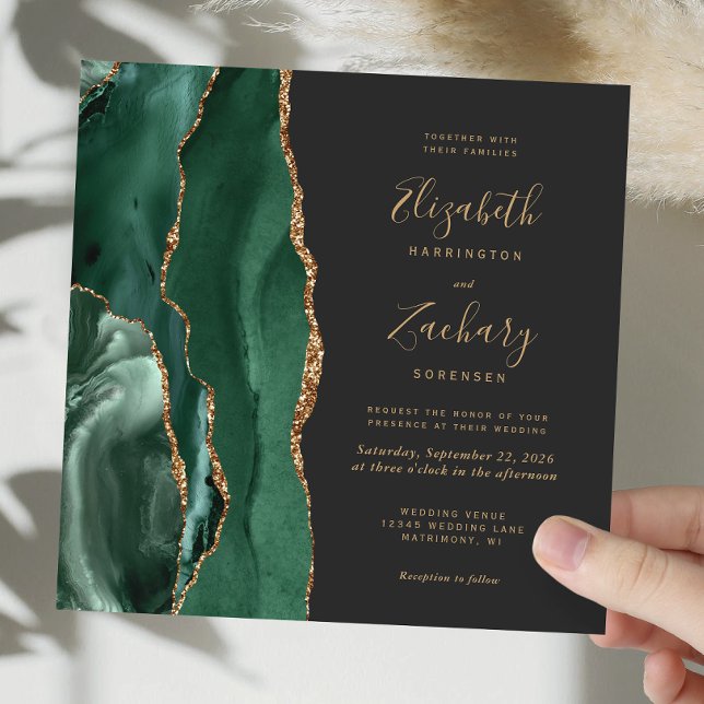 Emerald Green Gold Agate Dark Square Wedding Invitation (Creator Uploaded)