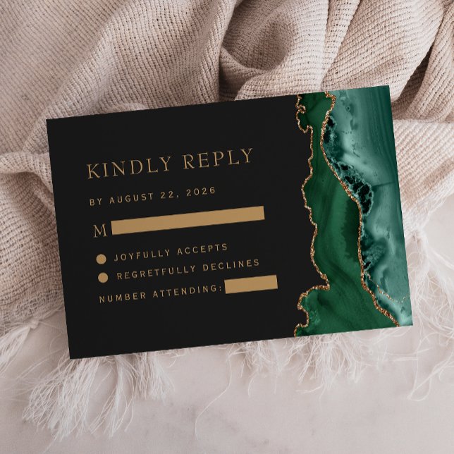 Emerald Green Gold Agate Dark Wedding RSVP Card (Creator Uploaded)