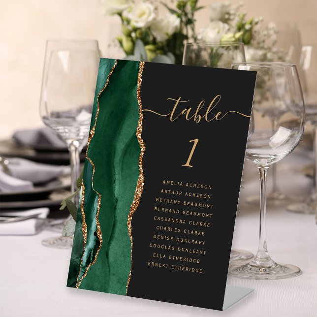 Emerald Green Gold Agate Dark Wedding Table Number Pedestal Sign (Creator Uploaded)