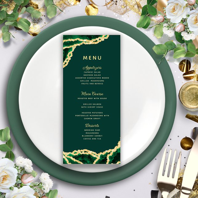 Emerald Green & Gold Agate Elegant Wedding Menu (Creator Uploaded)