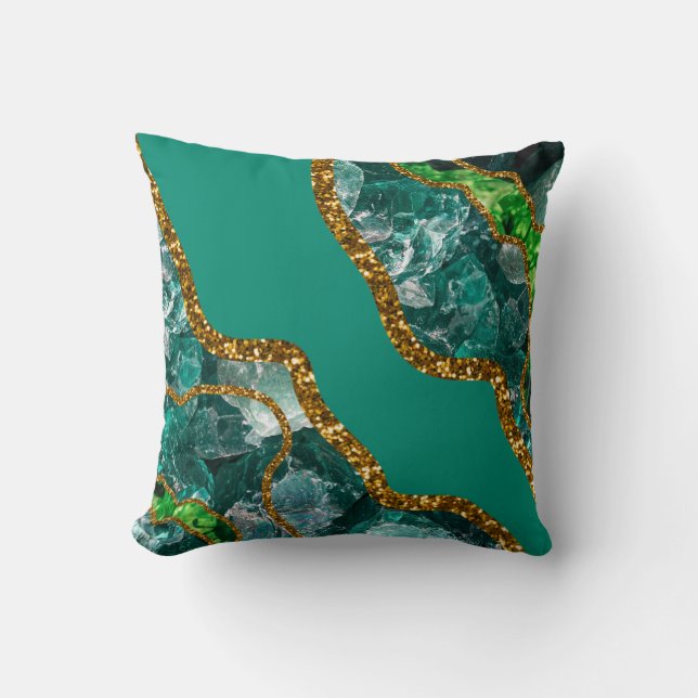 Emerald Green & Gold Agate Geode Glitter Cushion (Front)