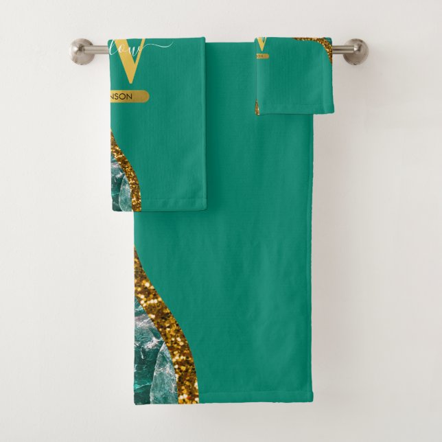 Emerald Green & Gold Agate Geode Glitter Monogram Bath Towel Set (Insitu)
