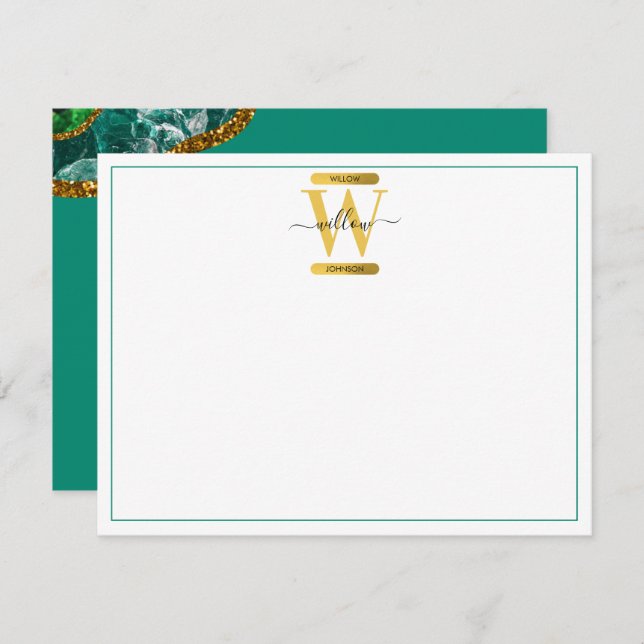 Emerald Green & Gold Agate Geode Glitter Monogram Card (Front/Back)