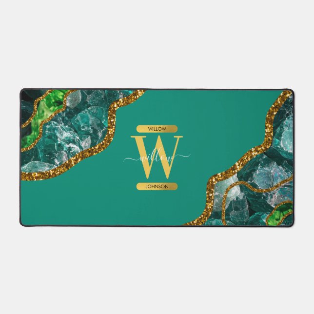 Emerald Green & Gold Agate Geode Glitter Monogram Desk Mat (Front)