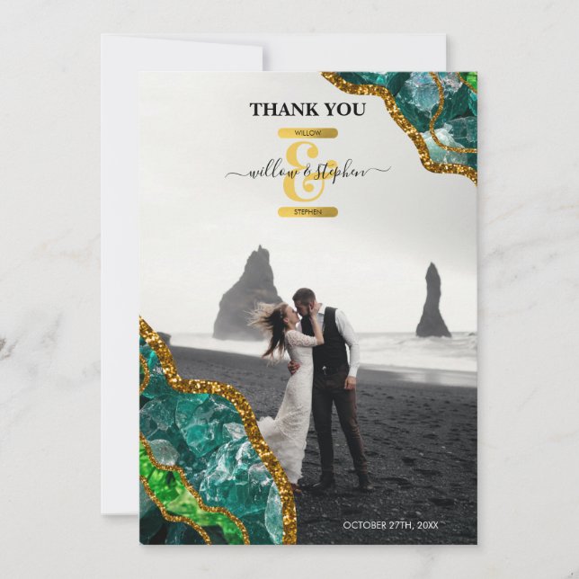 Emerald Green & Gold Agate Geode Glitter Monogram Thank You Card (Front)