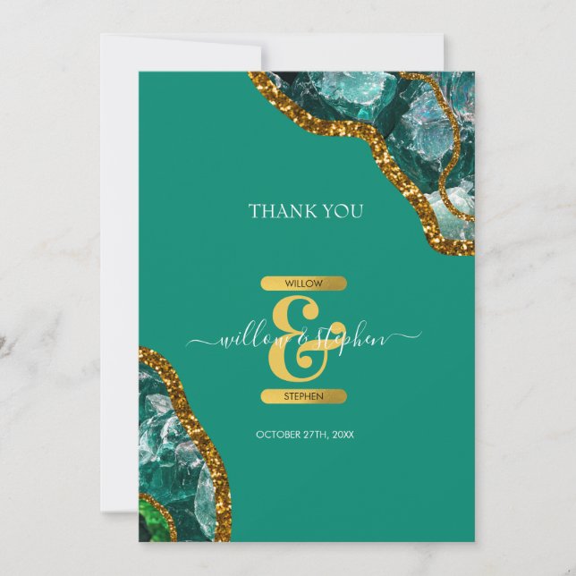 Emerald Green & Gold Agate Geode Glitter Monogram Thank You Card (Front)