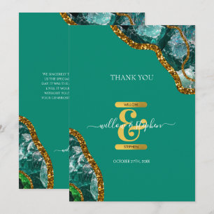Emerald Green & Gold Agate Geode Glitter Monogram Thank You Card