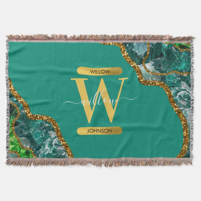 Emerald Green & Gold Agate Geode Glitter Monogram Throw Blanket (Front)