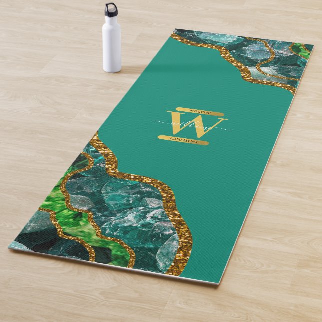 Emerald Green & Gold Agate Geode Glitter Monogram Yoga Mat (In Situ)