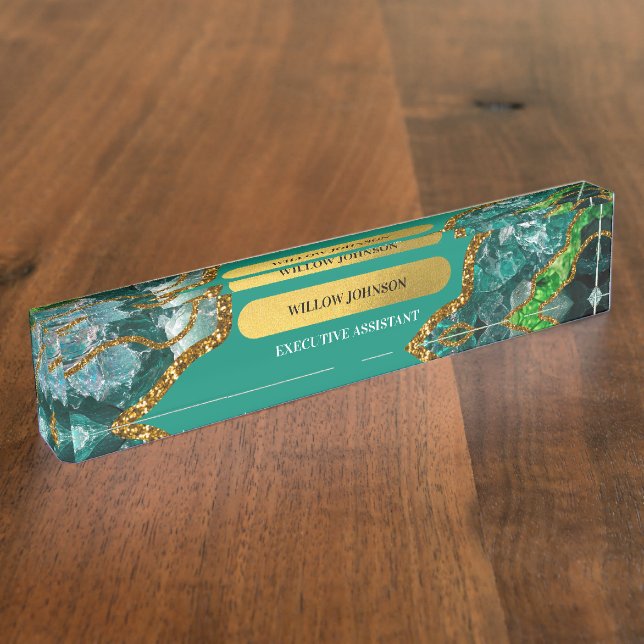 Emerald Green & Gold Agate Geode Glitter Nameplate (Side)