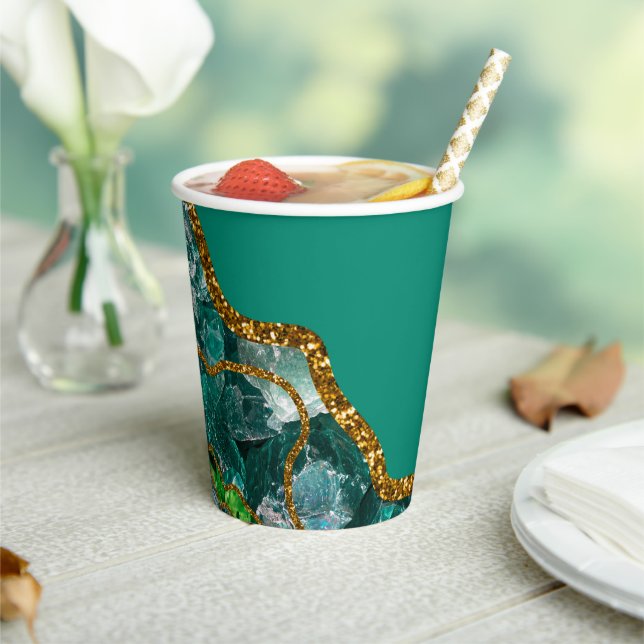 Emerald Green & Gold Agate Geode Glitter Paper Cups (Insitu)