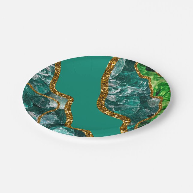 Emerald Green & Gold Agate Geode Glitter Paper Plate (Angled)