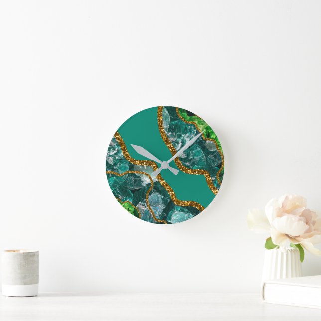 Emerald Green & Gold Agate Geode Glitter Round Clock (Home)
