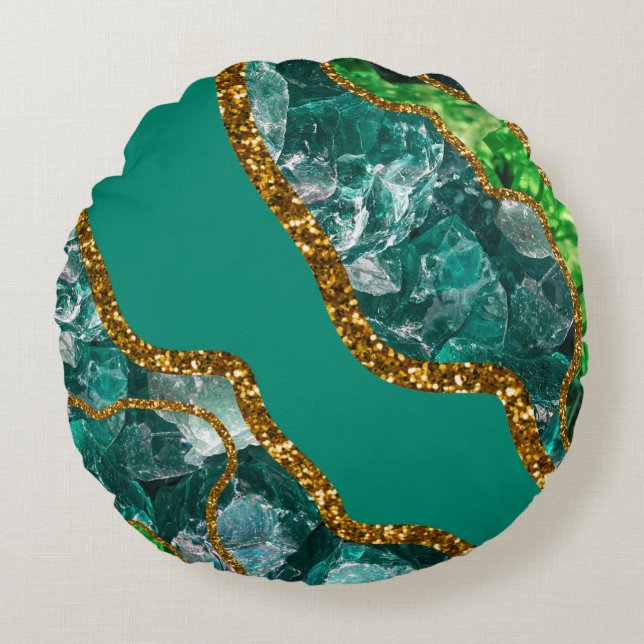 Emerald Green & Gold Agate Geode Glitter Round Cushion (Front)