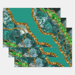 Emerald Green & Gold Agate Geode Glitter Wrapping Paper Sheet