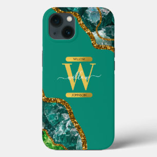 Emerald Green & Gold Agate Geode Monogram iPhone 13 Case