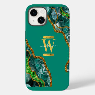 Emerald Green & Gold Agate Geode Monogram iPhone 14 Case