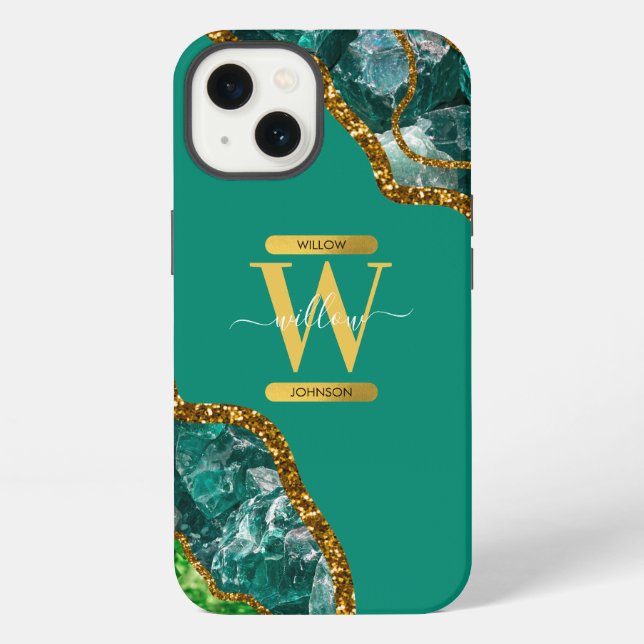Emerald Green & Gold Agate Geode Monogram iPhone Case (Back)
