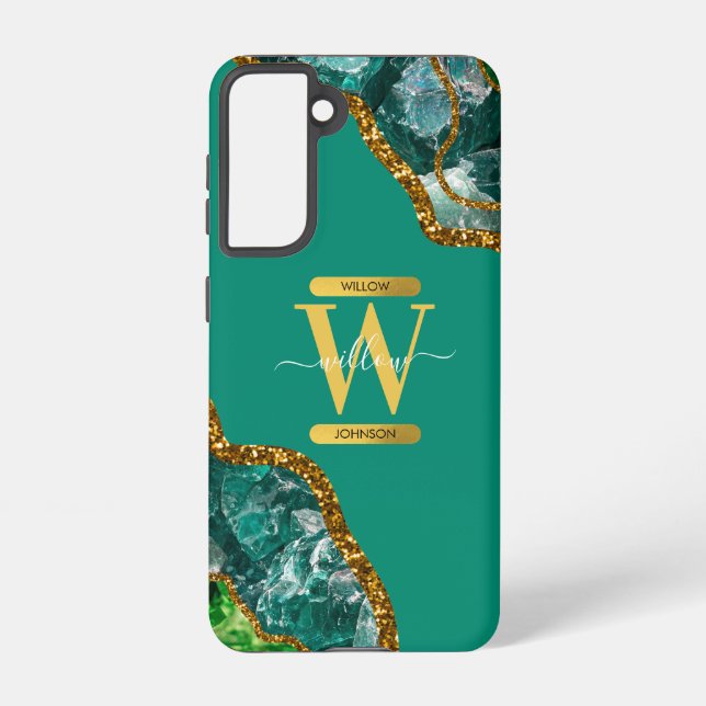 Emerald Green & Gold Agate Geode Monogram Samsung Galaxy S21 Case (Back)