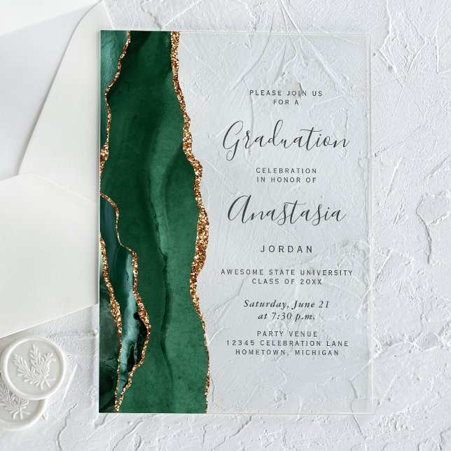 Emerald Green Gold Agate Grey Text Graduation Acrylic Invitations (Creator Uploaded)