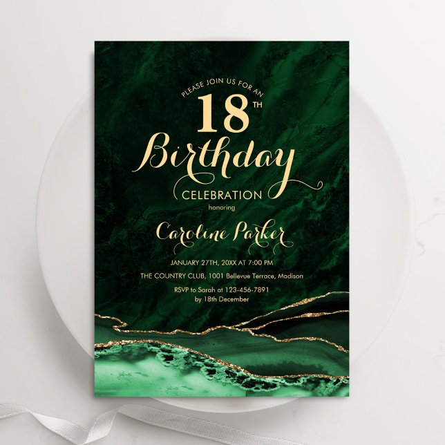 Emerald Green Gold Agate Marble 18th Birthday Invitation (Creator Uploaded)