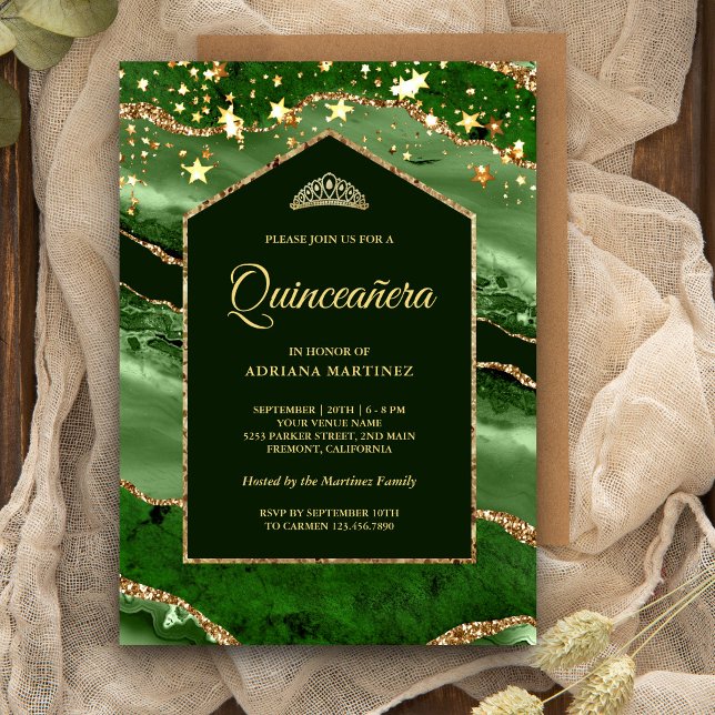 Emerald Green Gold Agate Marble Arch Quinceanera Invitation (Creator Uploaded)