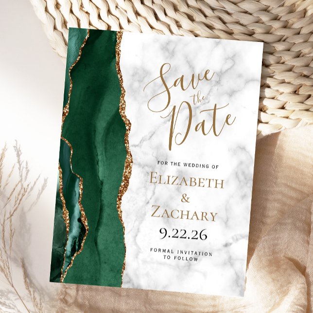Emerald Green Gold Agate Marble Save the Date Announcement Postcard (Creator Uploaded)