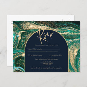 Emerald Green Gold Agate Marble Wedding RSVP Postcard