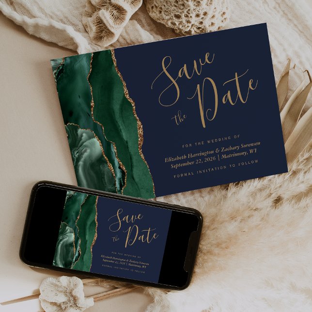 Emerald Green Gold Agate Navy Blue Save the Date Invitation (Creator Uploaded)