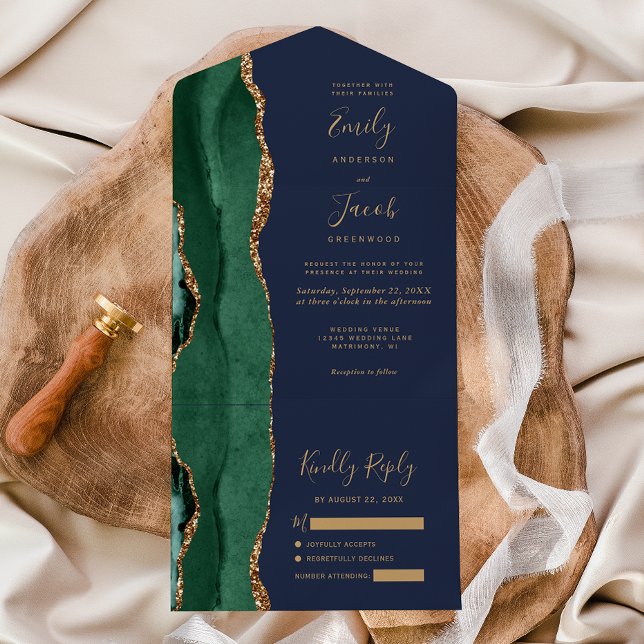 Emerald Green Gold Agate Navy Blue Wedding All In One Invitation (Creator Uploaded)