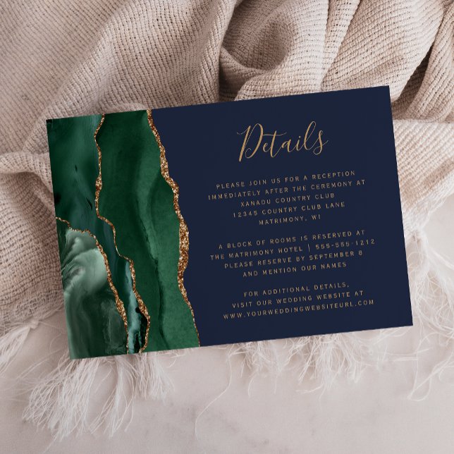 Emerald Green Gold Agate Navy Blue Wedding Details Enclosure Card (Creator Uploaded)