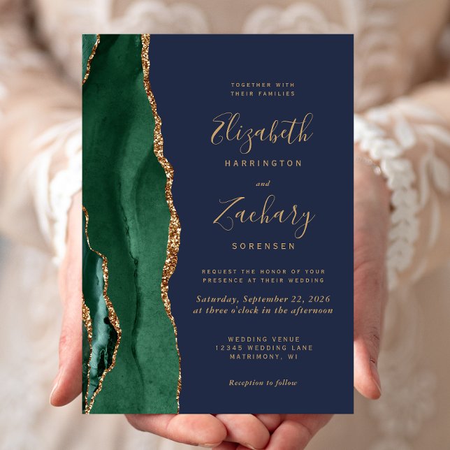 Emerald Green Gold Agate Navy Blue Wedding Invitation (Creator Uploaded)