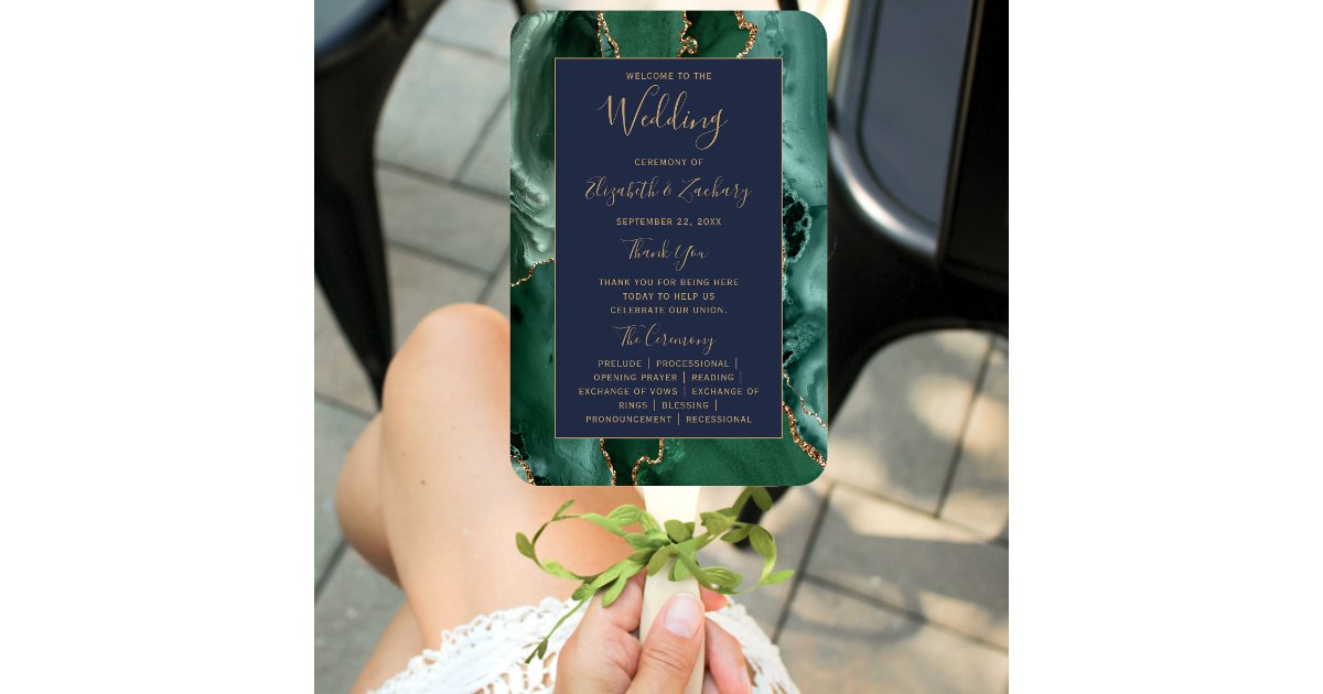 Emerald Green Gold Agate Navy Blue Wedding Program Hand Fan | Zazzle