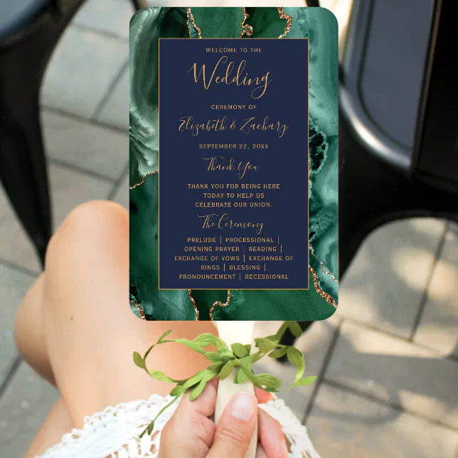 Emerald Green Gold Agate Navy Blue Wedding Program Hand Fan | Zazzle