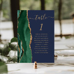 Emerald Green Gold Agate Navy Blue Wedding Table Number<br><div class="desc">The left-hand edge of this elegant modern wedding table number card features an emerald green watercolor agate border trimmed with faux gold glitter. The word "table" appears in gold-coloured handwriting script on a navy blue background. Add the names of your guests who are assigned to each table.</div>