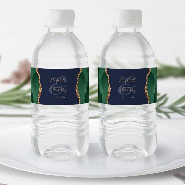 Emerald Green Gold Agate Navy Blue Wedding Water Bottle Label (Creator Uploaded)
