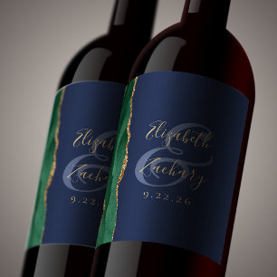 Emerald Green Gold Agate Navy Blue Wedding Wine Label