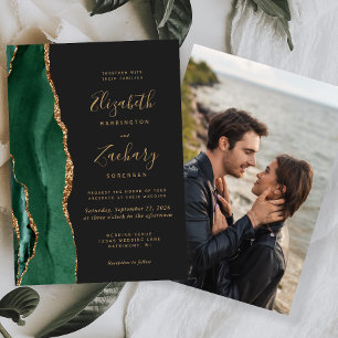 Emerald Green Gold Agate Photo Dark Wedding Invitation