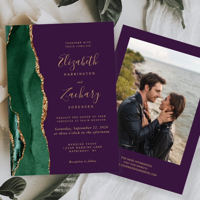 Emerald Green Gold Agate Photo Purple Wedding Invitation (Creator Uploaded)