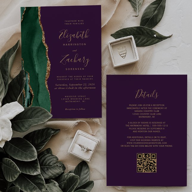 Emerald Green Gold Agate Purple QR Code Wedding Invitation (Creator Uploaded)