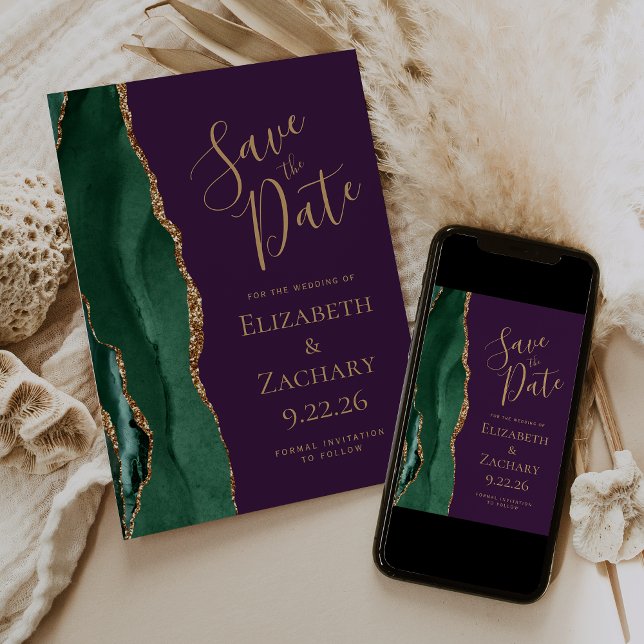 Emerald Green Gold Agate Purple Save the Date (Creator Uploaded)