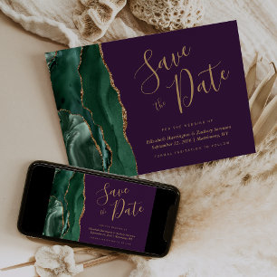 Emerald Green Gold Agate Purple Save the Date Card
