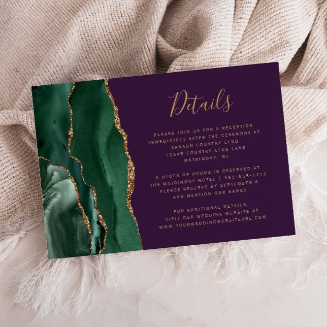 Emerald Green Gold Agate Purple Wedding Details Enclosure Card (Creator Uploaded)