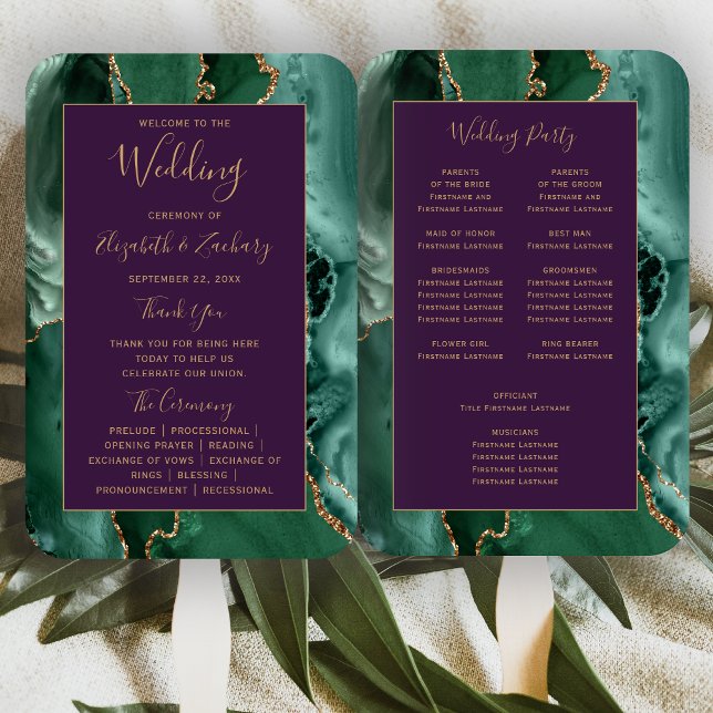 Emerald Green Gold Agate Purple Wedding Program Hand Fan (Creator Uploaded)
