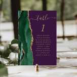 Emerald Green Gold Agate Purple Wedding Table Number<br><div class="desc">The left-hand edge of this elegant modern wedding table number card features an emerald green watercolor agate border trimmed with faux gold glitter. The word "table" appears in gold-coloured handwriting script on a purple background. Add the names of your guests who are assigned to each table.</div>